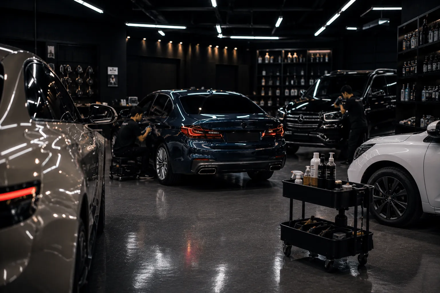 Inside the Facial of Cars studio with cars being detailed under accent lighting