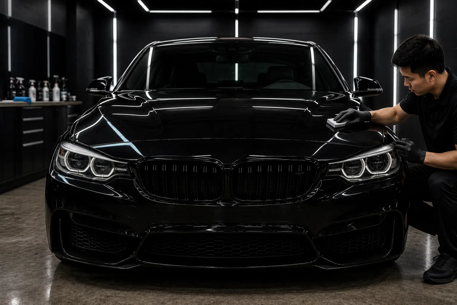 Installer applying ceramic coating to a glossy black BMW under studio lighting