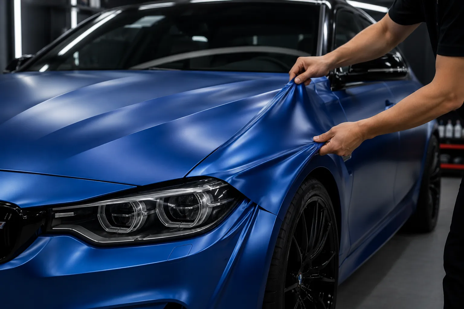 Installer pulling a satin blue colour-change vinyl wrap onto a BMW front quarter
