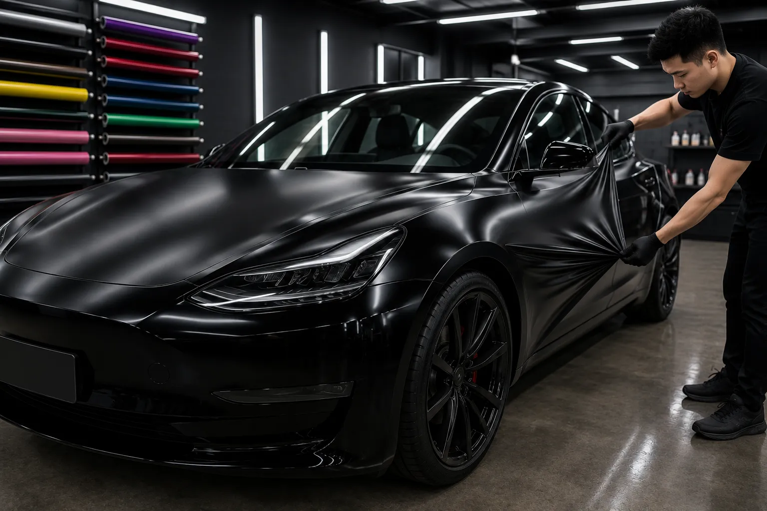 Matte black colour-change vinyl wrap being installed on a Tesla Model 3