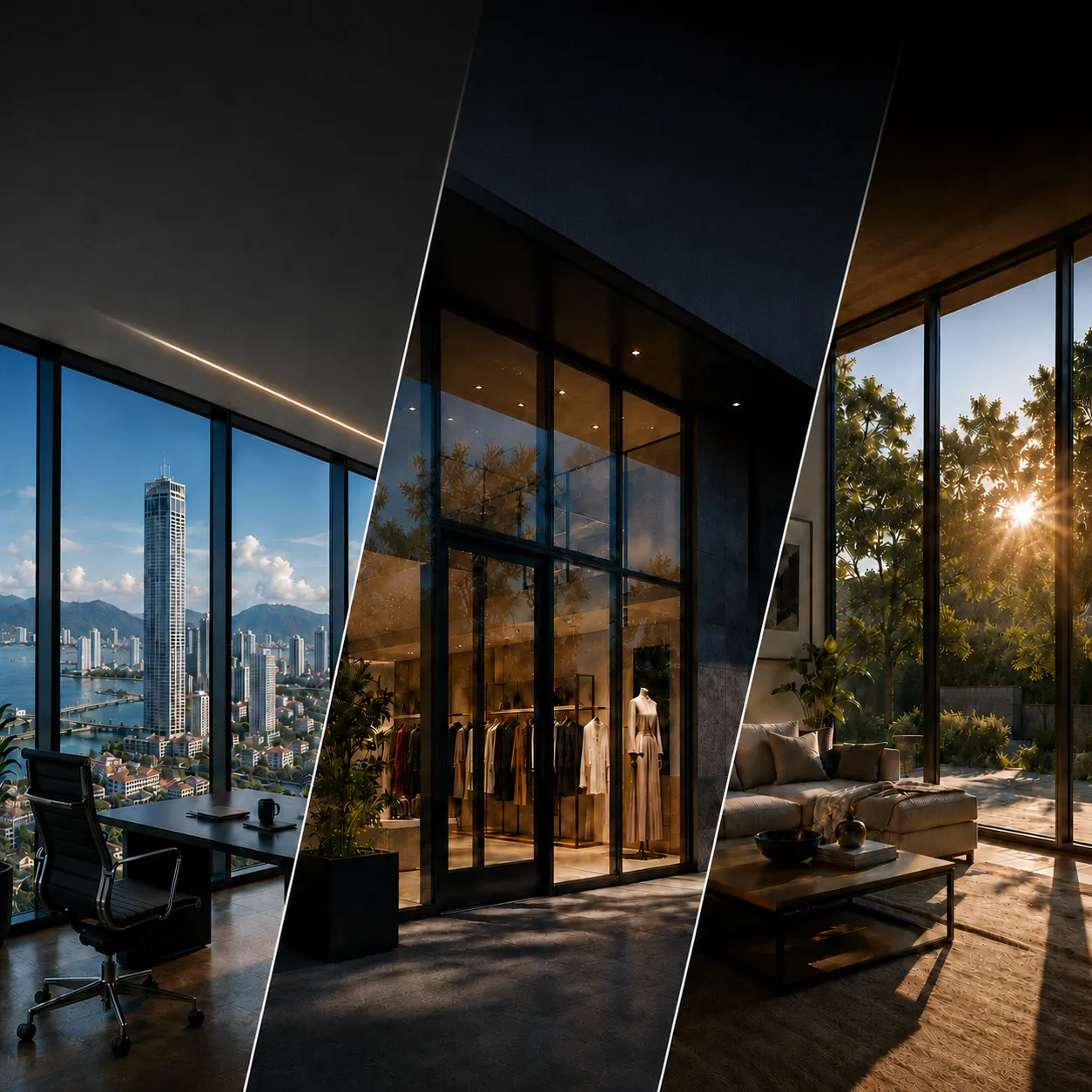3M commercial window films on office, retail and home glass façades — solar control, safety, security and privacy