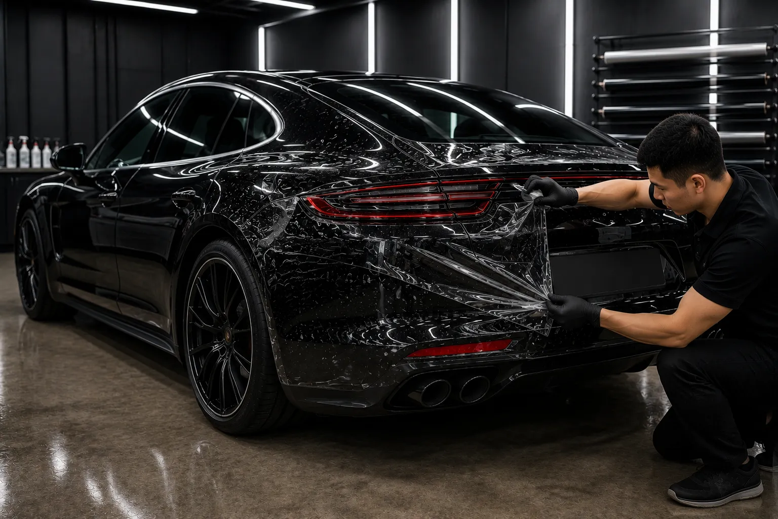 Installer applying paint protection film on a black BMW bonnet