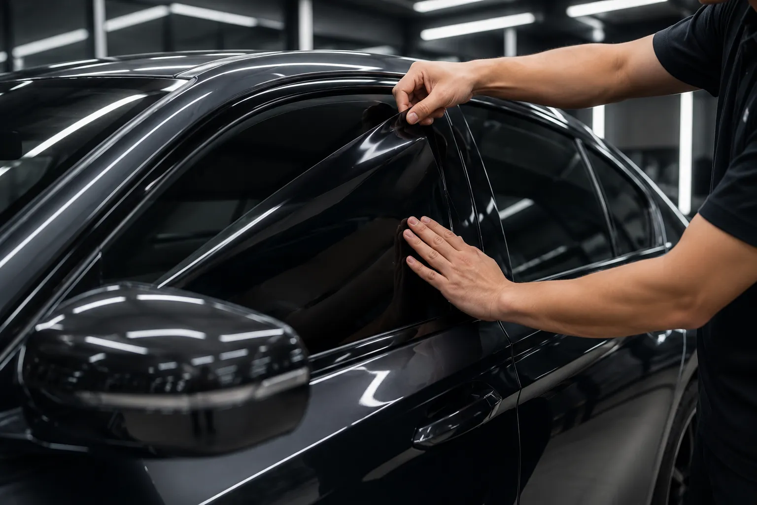 Installer applying window tint film to the side window of a black luxury sedan